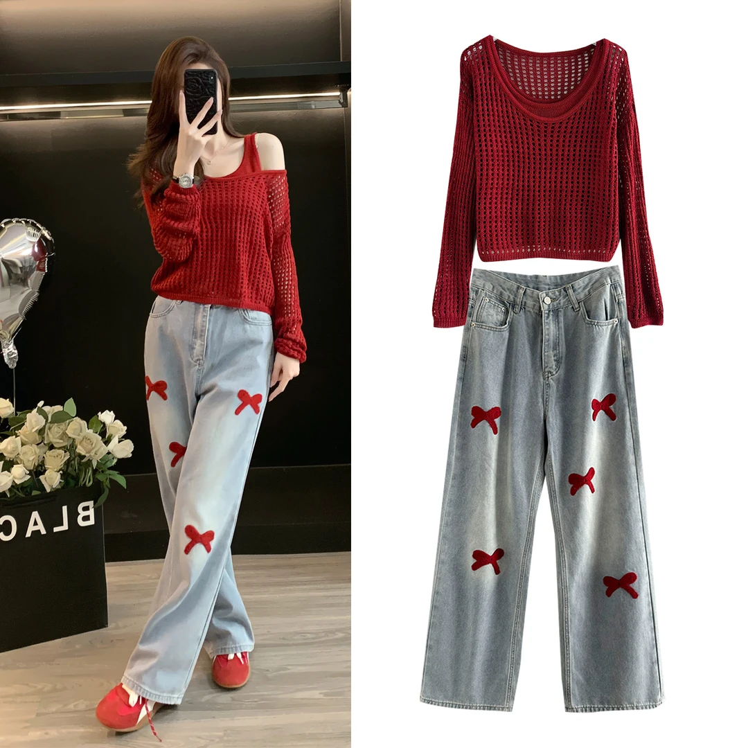 网红早秋穿搭时尚套装洋气长袖针织衫显瘦高腰牛仔阔腿裤两件套女