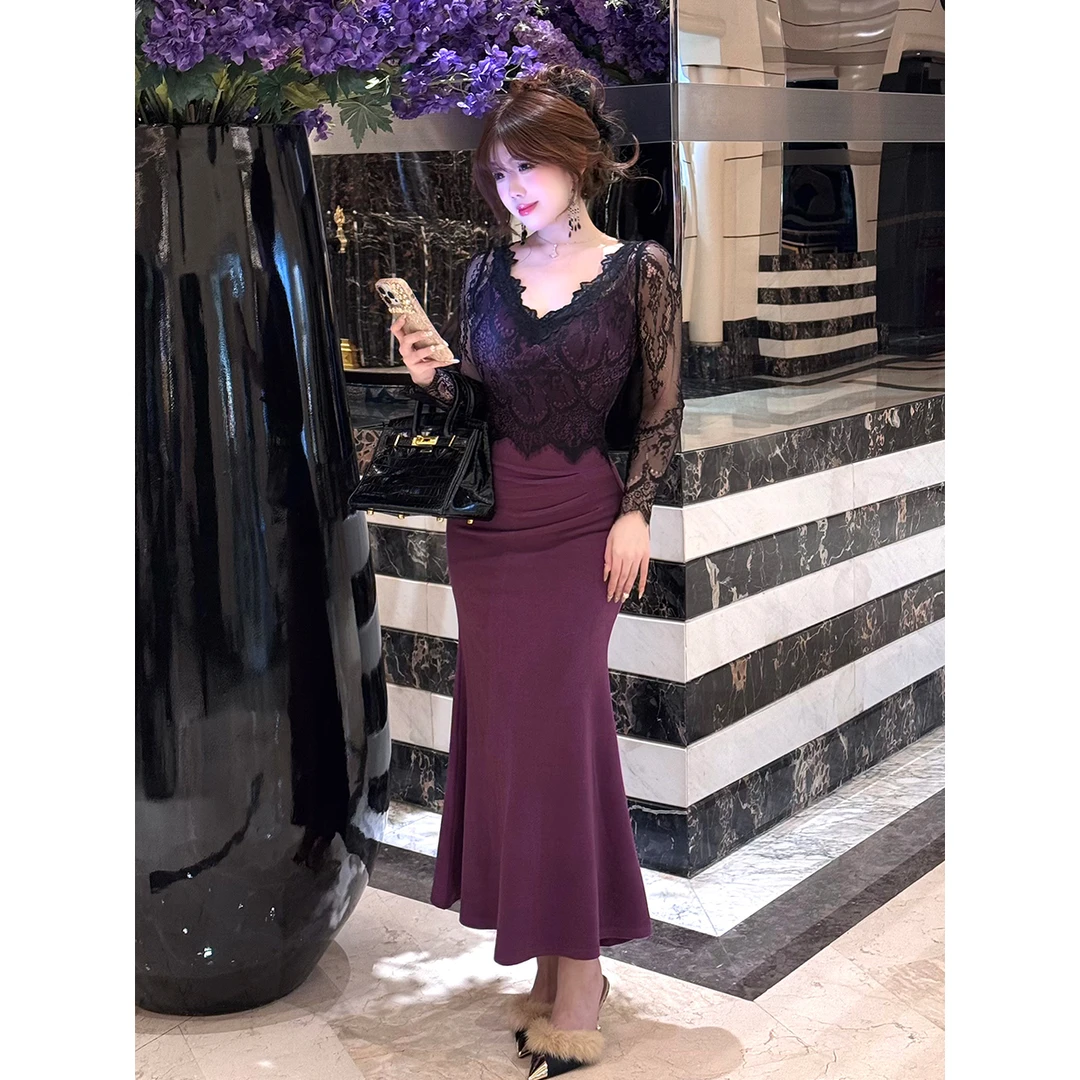 MengFairy【魅影紫韵】轻熟性感假两件拼蕾丝收腰修身连衣裙4187M