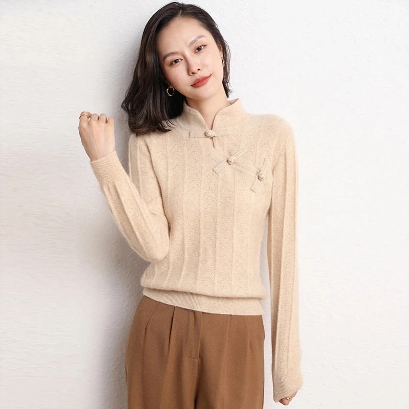 秋冬新款山羊绒衫女士半高领针织加厚毛衣宽松中国风套头打底衫