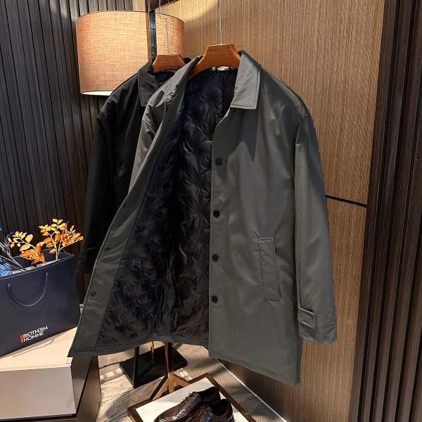 【风度保暖兼具】冬季男简约纯色微落肩高档中长款翻领风衣羽绒服