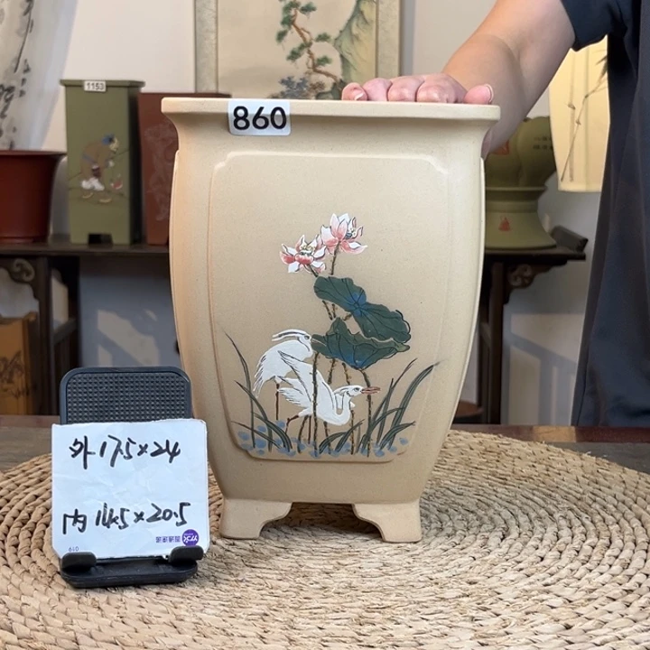 紫砂花盆 放漏白玉段彩绘奎面四方签筒860
