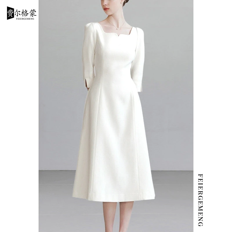 法式气质高腰白色连衣裙春夏新款小白裙显瘦女装长裙女士复古裙子