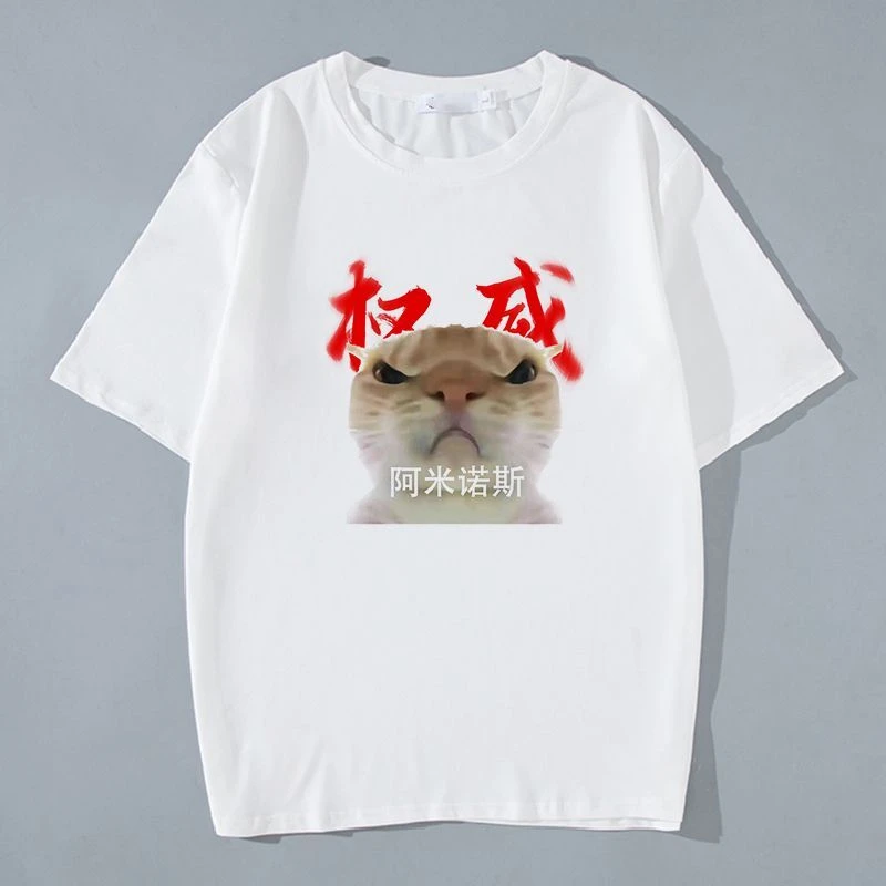 夏季歪嘴猫阿米诺斯学生短袖权威衣服抽象大头猫表情搞笑男女T恤