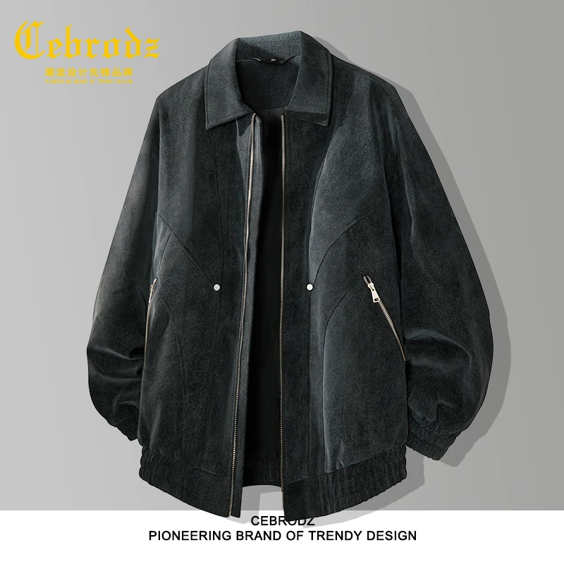 法国Cebrodz翻领PU皮夹克男款休闲宽松百搭秋季新款复古拉链外套