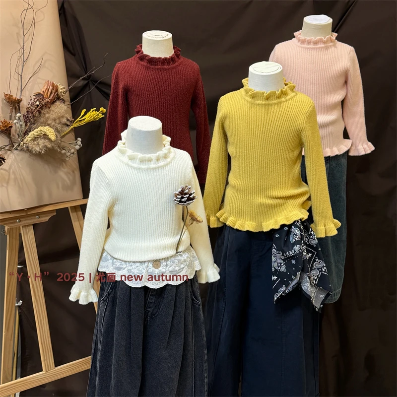 尤画2025秋季新款女童百搭休闲女孩花边针织毛衣68350