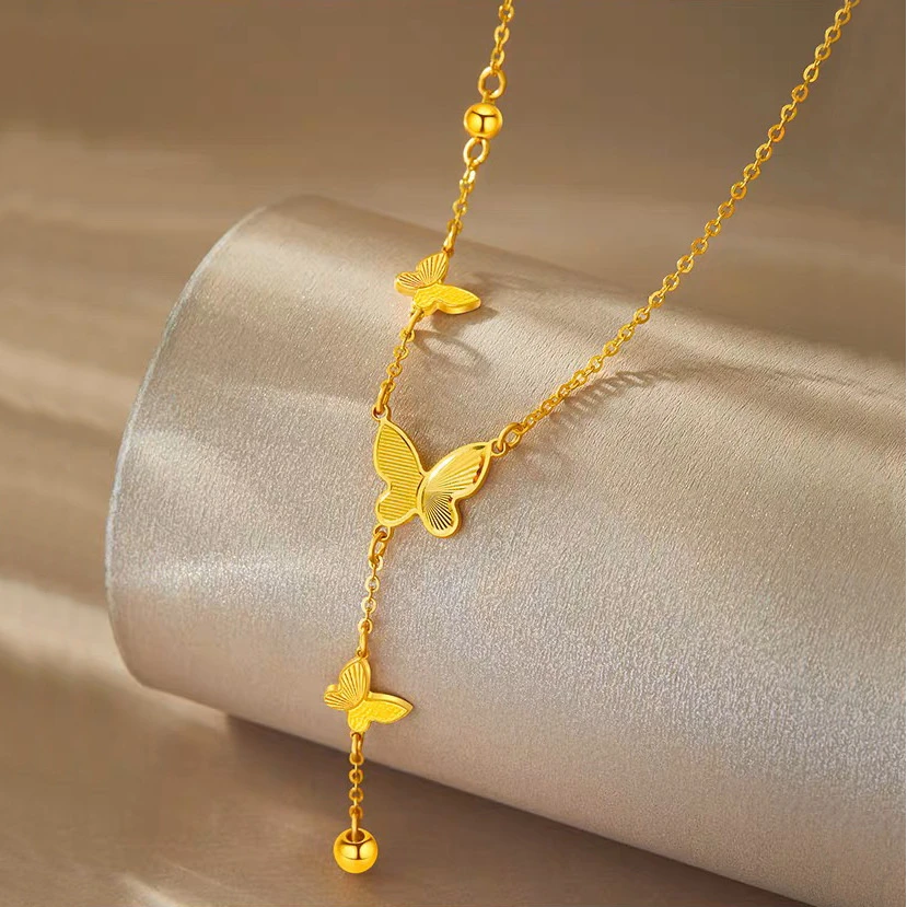 铜合金项链 新款韩版金色流苏蝴蝶简约潮流inssin项链女士项链