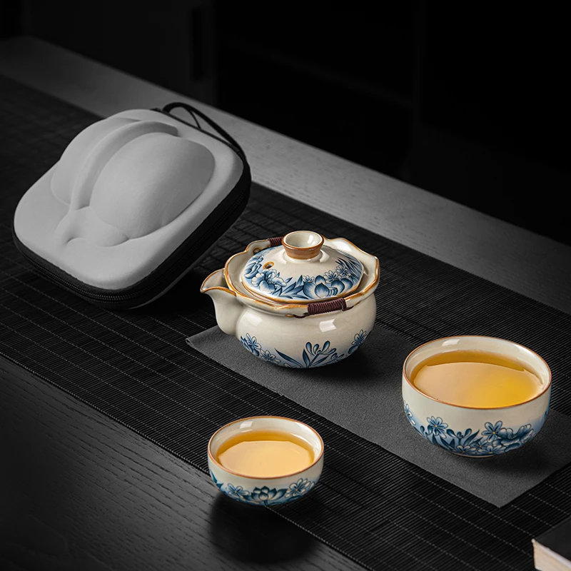 青花黄汝窑旅行茶具套装便携式一人户外防烫手抓壶茶杯随身收纳包