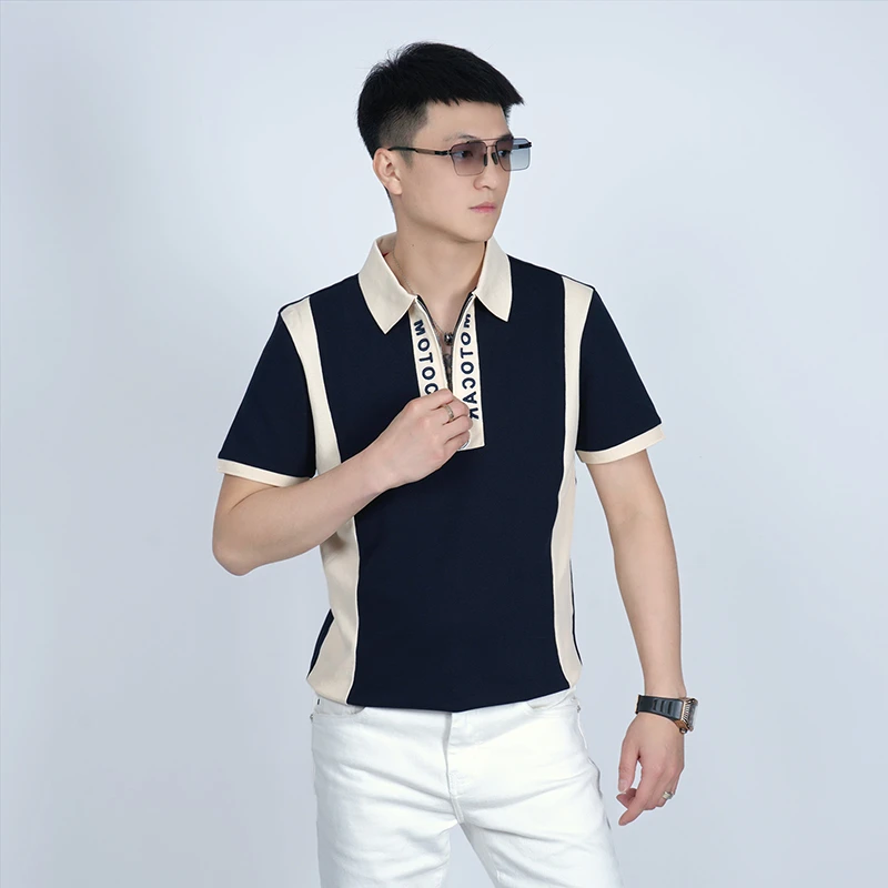 【莫斯吉尔】夏季轻奢时尚拉链刺绣POLO衫潮流休闲简约百搭修身短袖