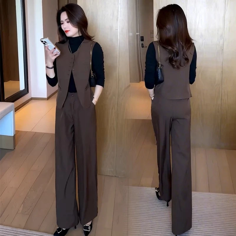 时尚套装女2025春季新款洋气显瘦西装马甲打底衫阔腿裤气质三件套