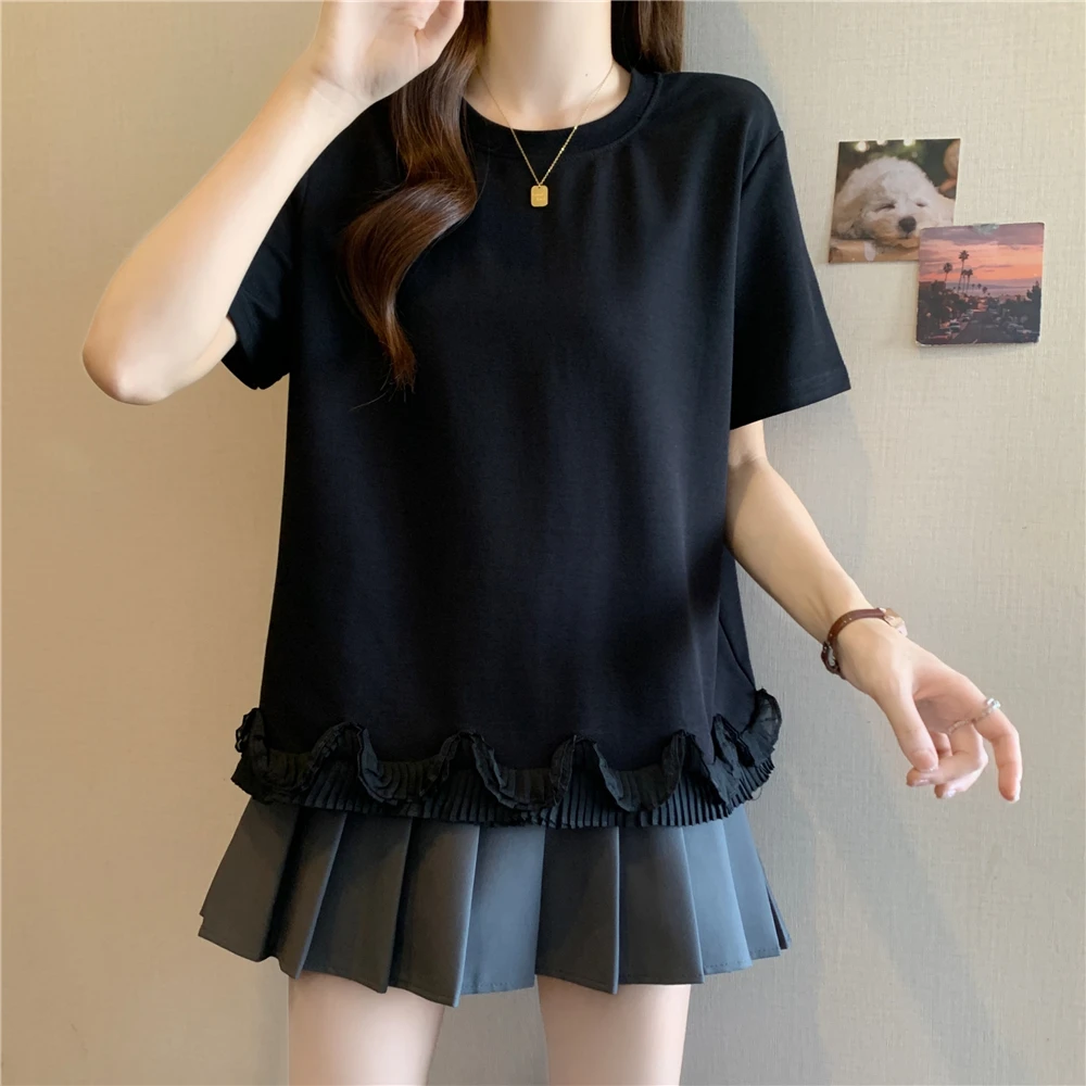 胖MM显瘦压褶网纱设计感拼接T恤女夏季大码休闲百搭别致短袖上衣