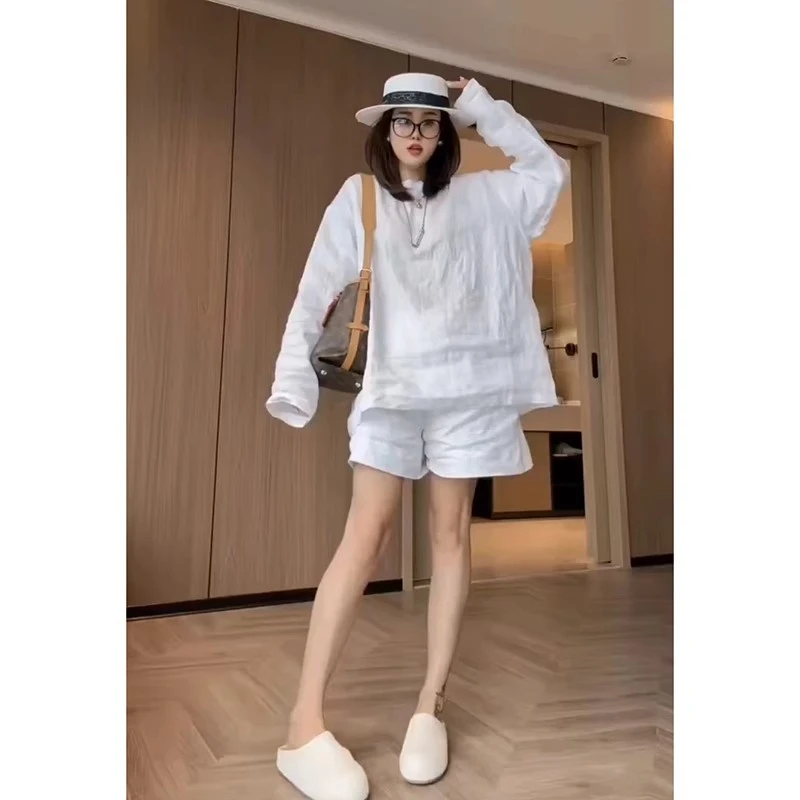 欧洲站2025秋季新款时尚圆领长袖T恤女宽松百搭休闲上衣+短裤套装
