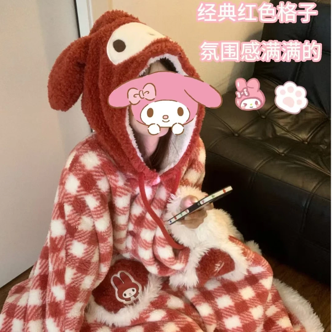 【圣诞红】冬款斗篷带袖子毛绒睡衣加厚睡衣可外穿韩版网红时尚宽松
