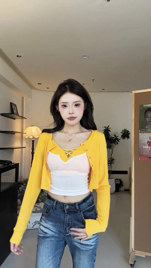 夏季时尚套装女修身长袖针织开衫纯欲辣妹V领内衣短款背心三件套