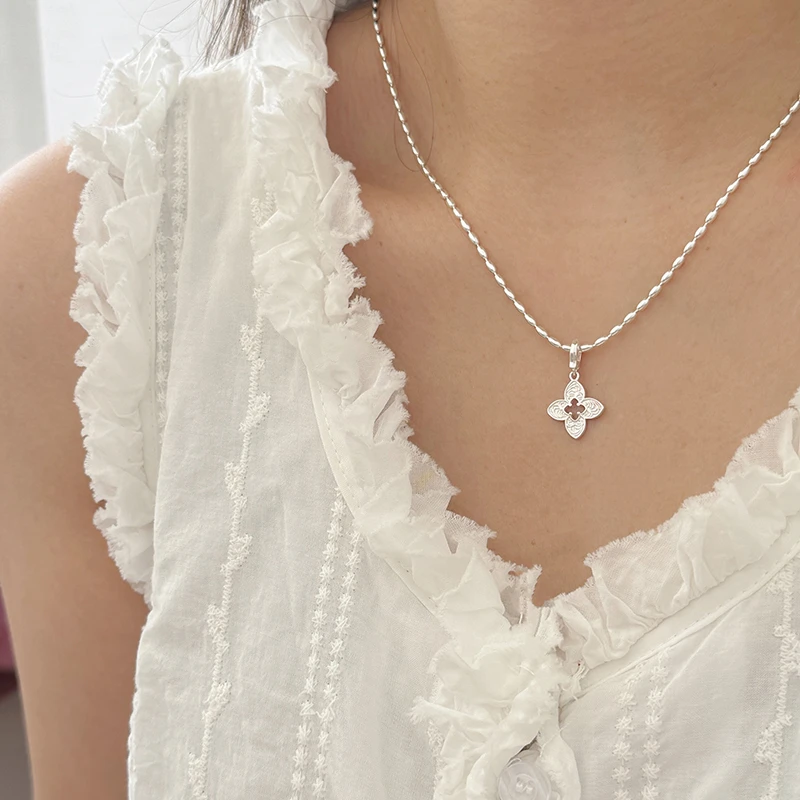 吊坠925银 唐草纹四叶草万能扣吊坠百搭简约气质ins风韩版女5004