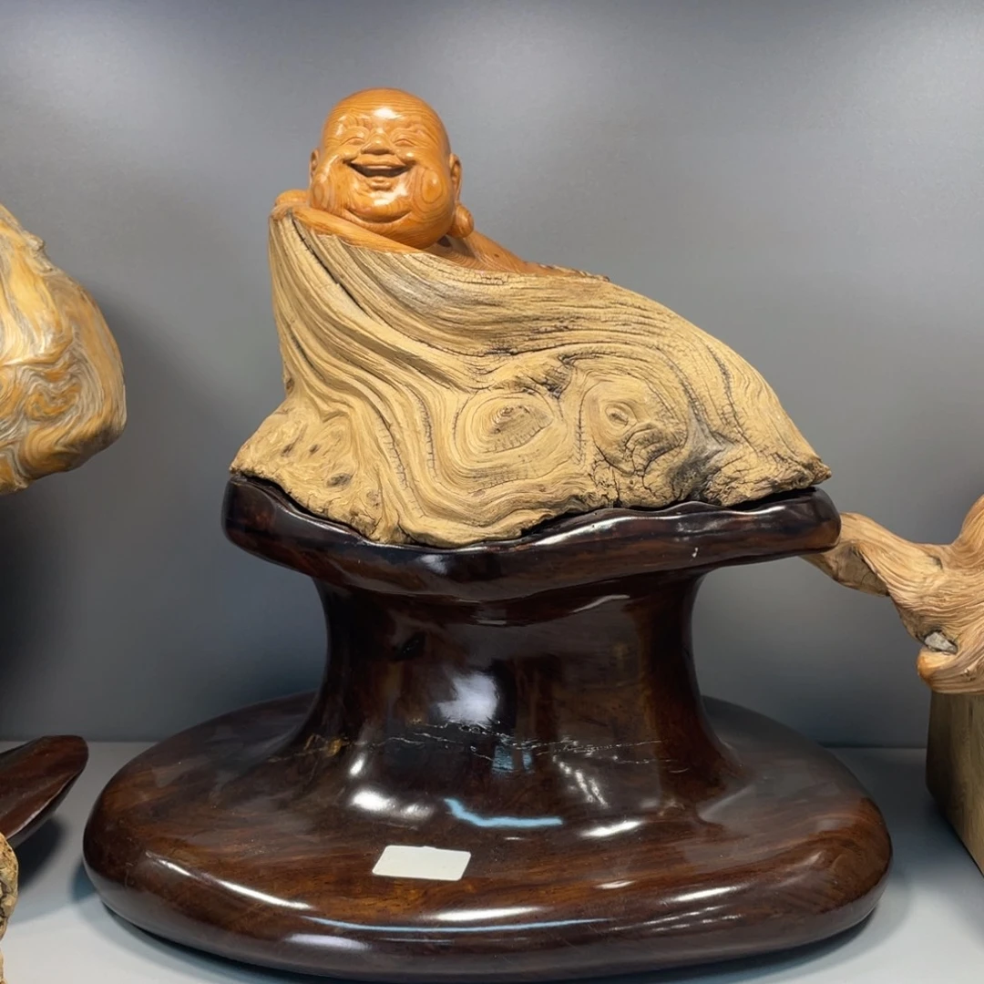 太行崖松纹理独根盘子弥勒摆件