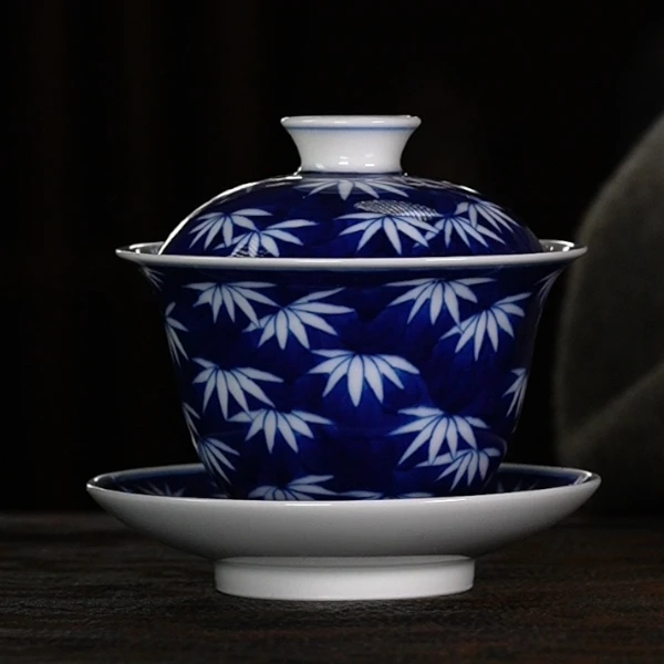 景德镇全手工手绘高温青花瓷留白竹叶三才盖碗