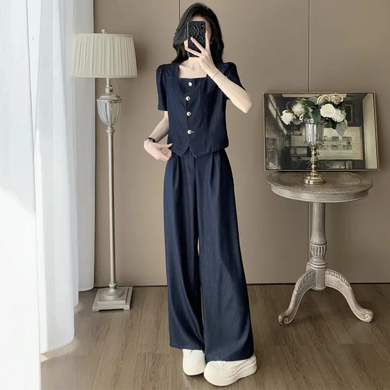 高级感时尚韩版套装女2025年夏季新款洋气方领小衫阔腿裤两件套潮