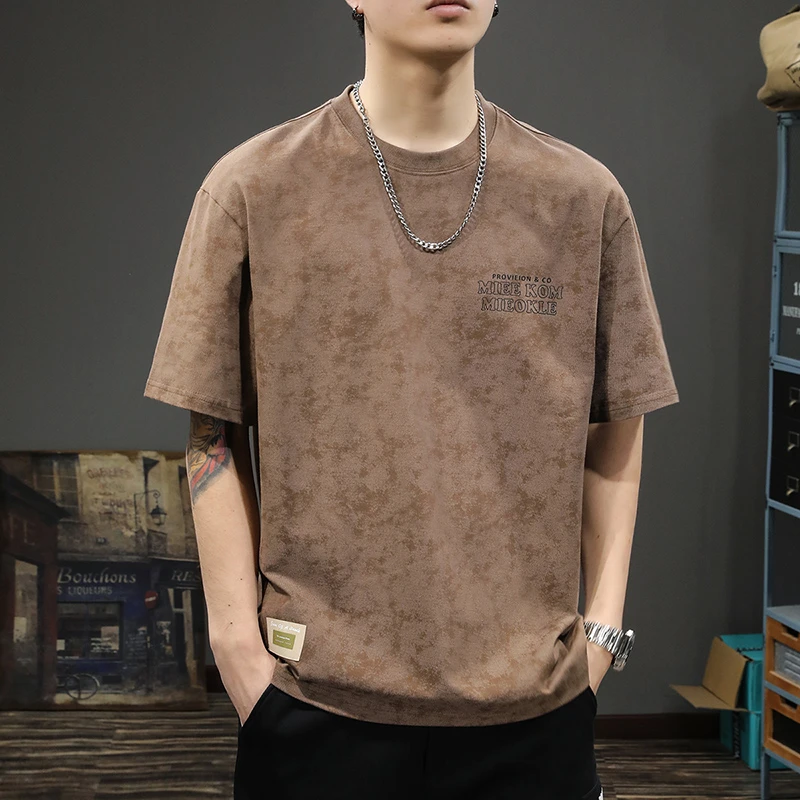 夏季重磅复古水洗短袖T恤男潮流纯棉宽松五分袖美式圆领半袖体恤T