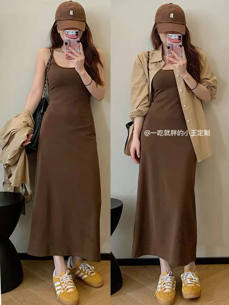 【小王家】大码女装早秋气质吊带背心连衣裙＋衬衫外套修身显瘦套装