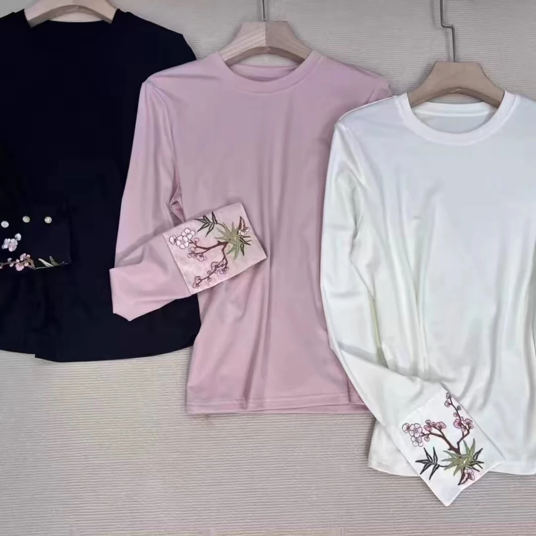 新中式国风袖口刺绣拼接圆领T恤长袖上衣886