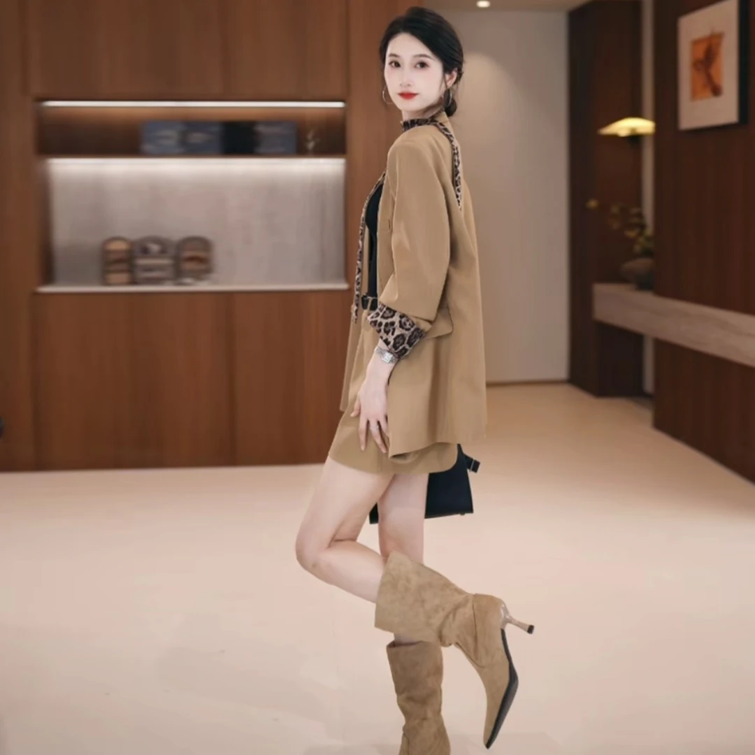套装裙女2025秋季新款洋气卡其豹纹拼接西装外套半身裙两件套裙潮