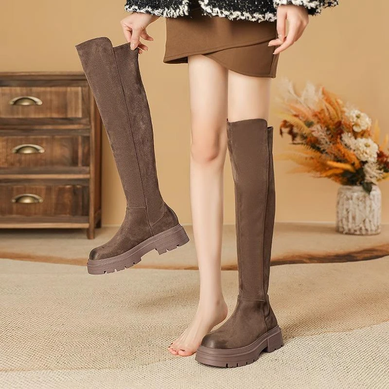 【JTG&SHOES 官方】质感复古过膝长筒靴秋冬季加绒厚底小个子增高