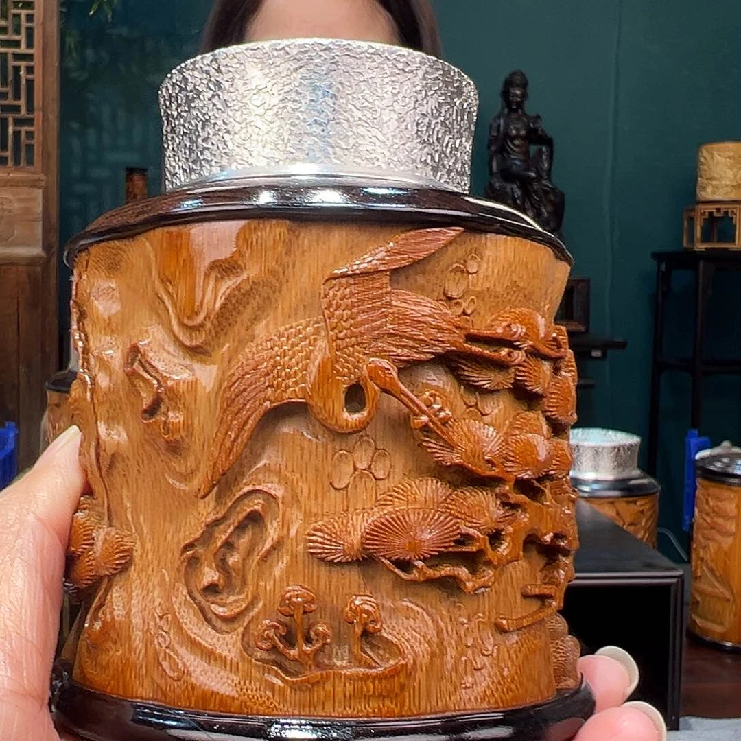竹竹雕茶叶罐松鹤