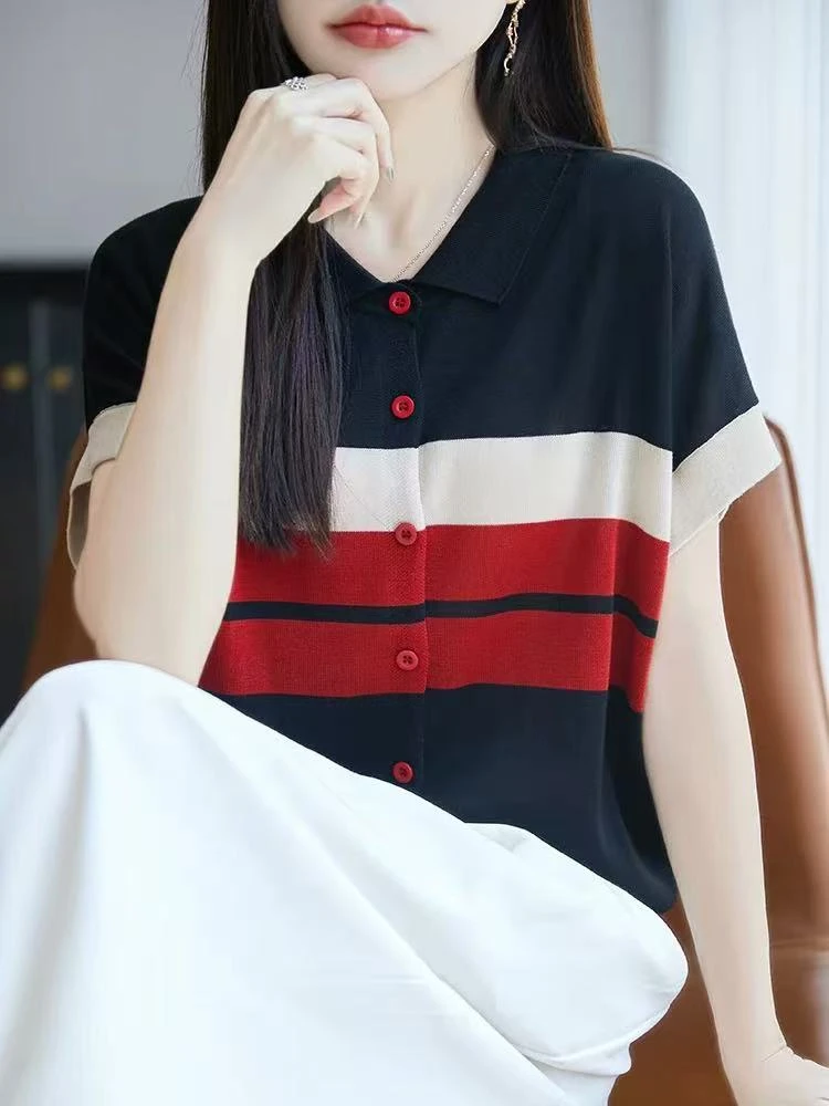 【复古经典】夏季新款天丝亚麻拼色复古薄款针织短袖T恤女8827