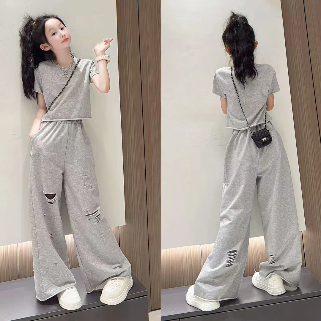 女童2025年夏季新款洋气甜酷气质灰色上衣休闲破洞阔腿裤两件套潮