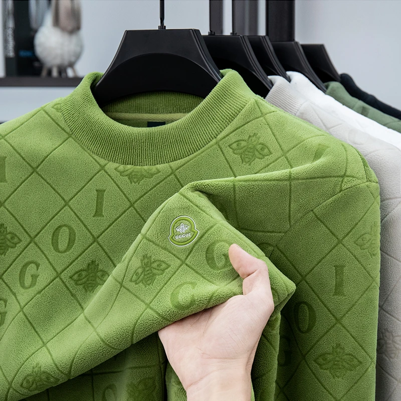 男士海岛绒百搭休闲保暖加厚双面绒卫衣冬季剪花一体绒圆领2670