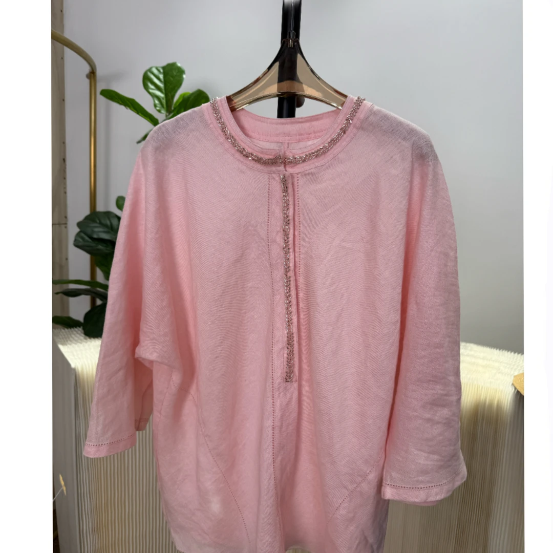 【深圳丽姐-易易】25415亚麻钉珠七分袖开衫