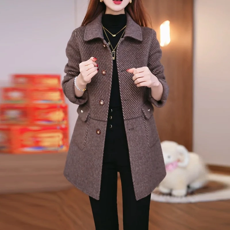 时尚长袖双面穿外套女2025秋新款中年妈妈气质显瘦中长款毛呢大衣