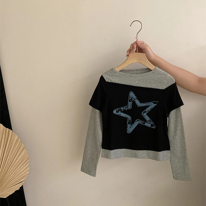 女童秋季新款韩版假两件星星印花上衣百搭休闲迷彩工装裤两件套潮