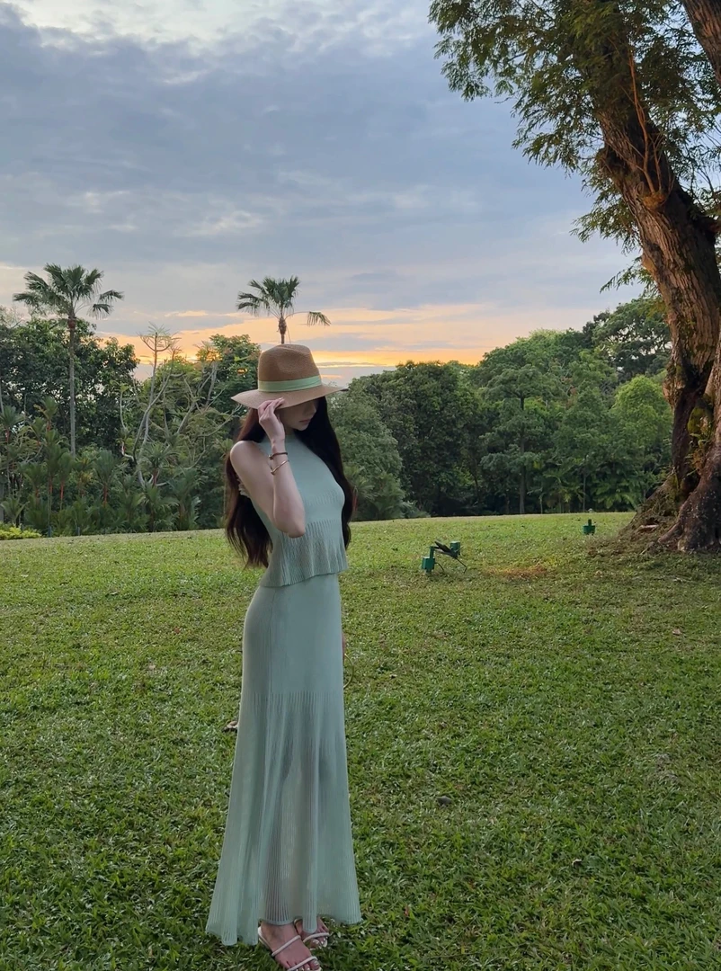 高级感重工花边袖拼接网纱透视荷叶边无袖上衣半身长裙针织套装女