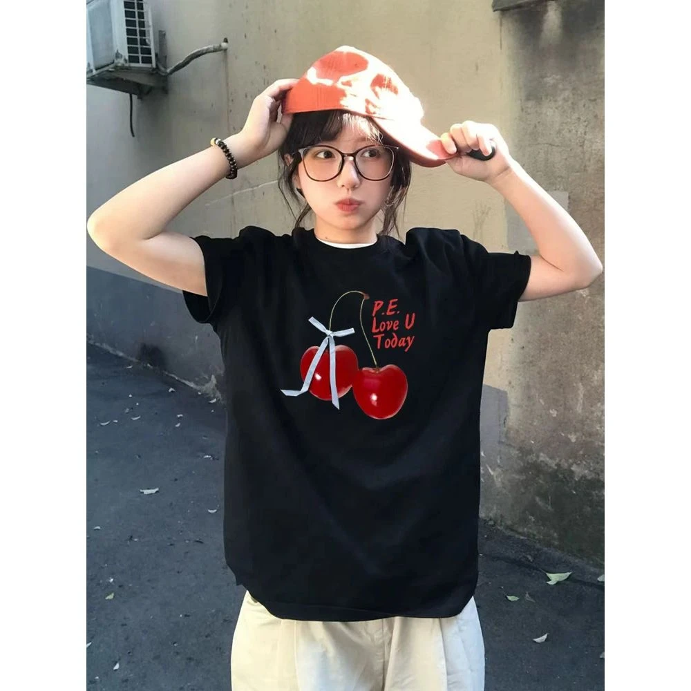 韩版复古樱桃印花短袖T恤女宽松显瘦洋气减龄百搭学院风上衣