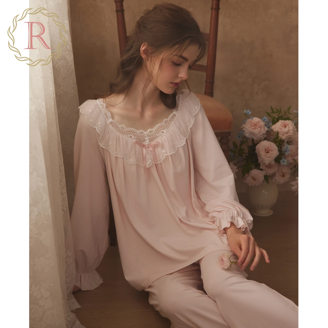 RoseTree宫廷风睡衣女款春秋季长袖蕾丝公主法式家居服套装带胸垫