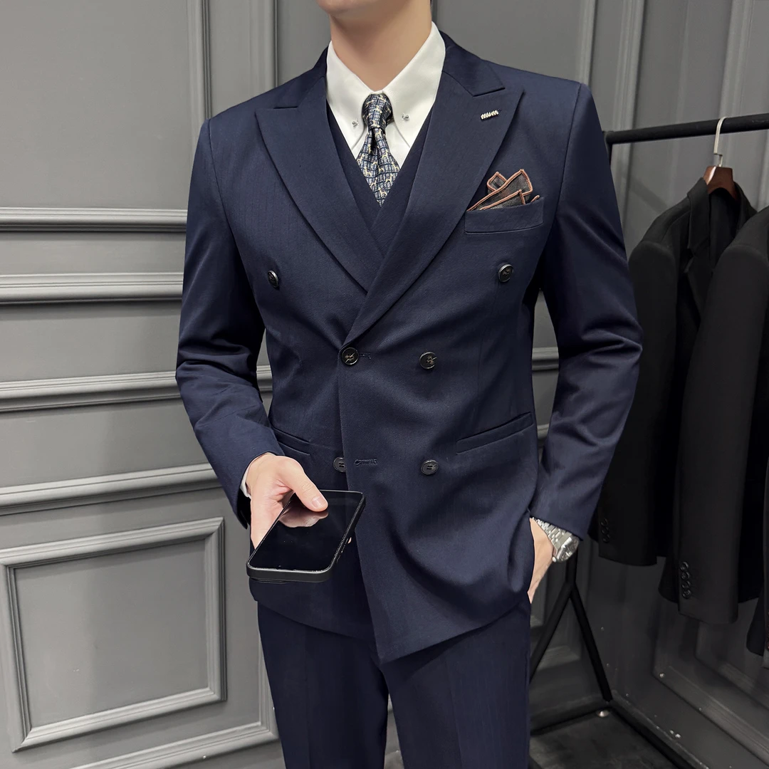 高档藏青色暗条纹双排扣西装套装男士戗驳领韩版西服新郎结婚礼服