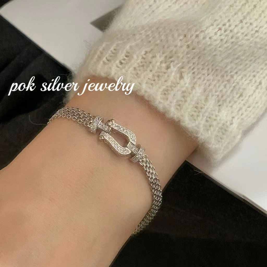 925银手链 银色纯银中古风微镶锆石编织马蹄设计感精致高级手链
