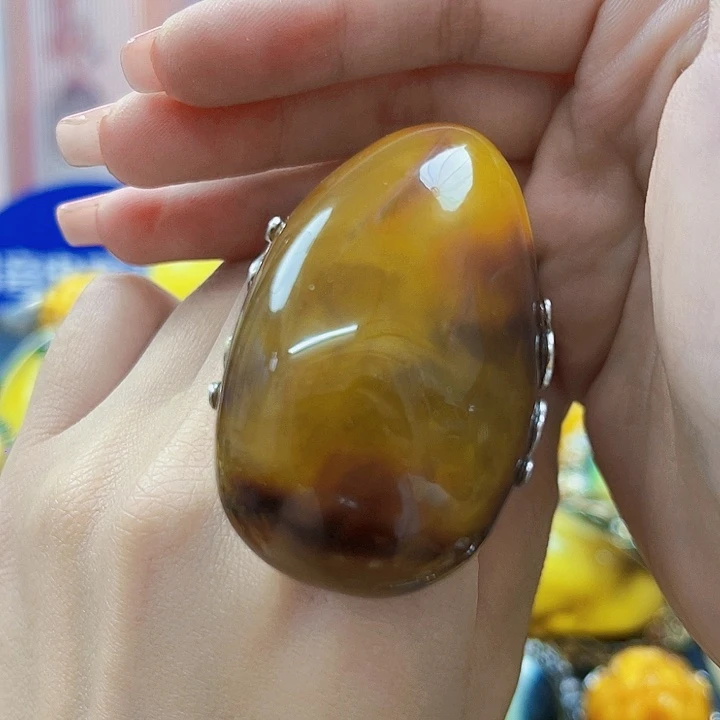 琥珀银S925镶嵌颈饰戒指