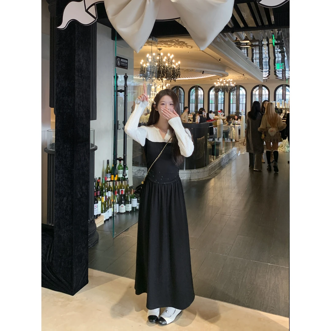 切糕自制【浪漫诗意】小个子女冬季气质拼接设计显瘦收腰长款连衣裙