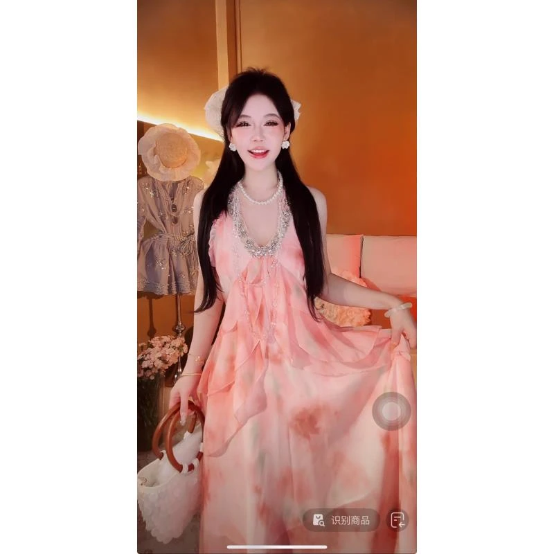 【崔】连衣裙法式不规则收腰碎花吊带裙度假风显瘦气质设计感长裙