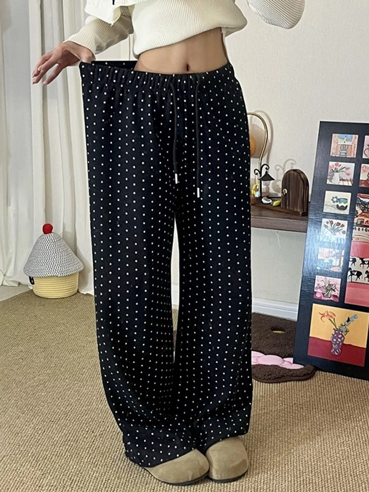 韩系黑色波点裤春季新款女装大码阔腿慵懒风胖mm显瘦直筒休闲裤子