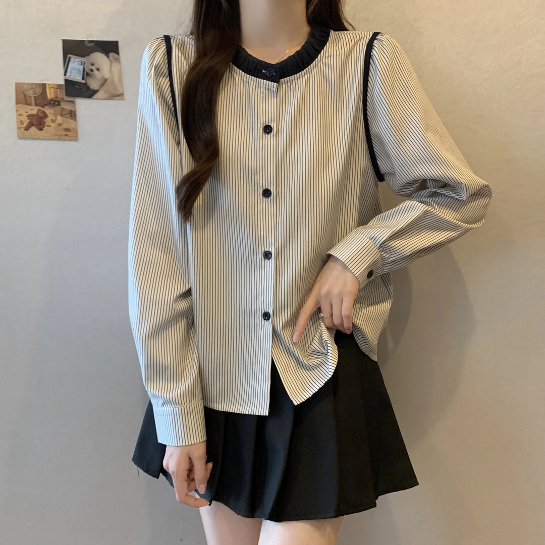 春季新款百搭休闲撞色条纹显瘦单排扣长袖衬衫女-24582