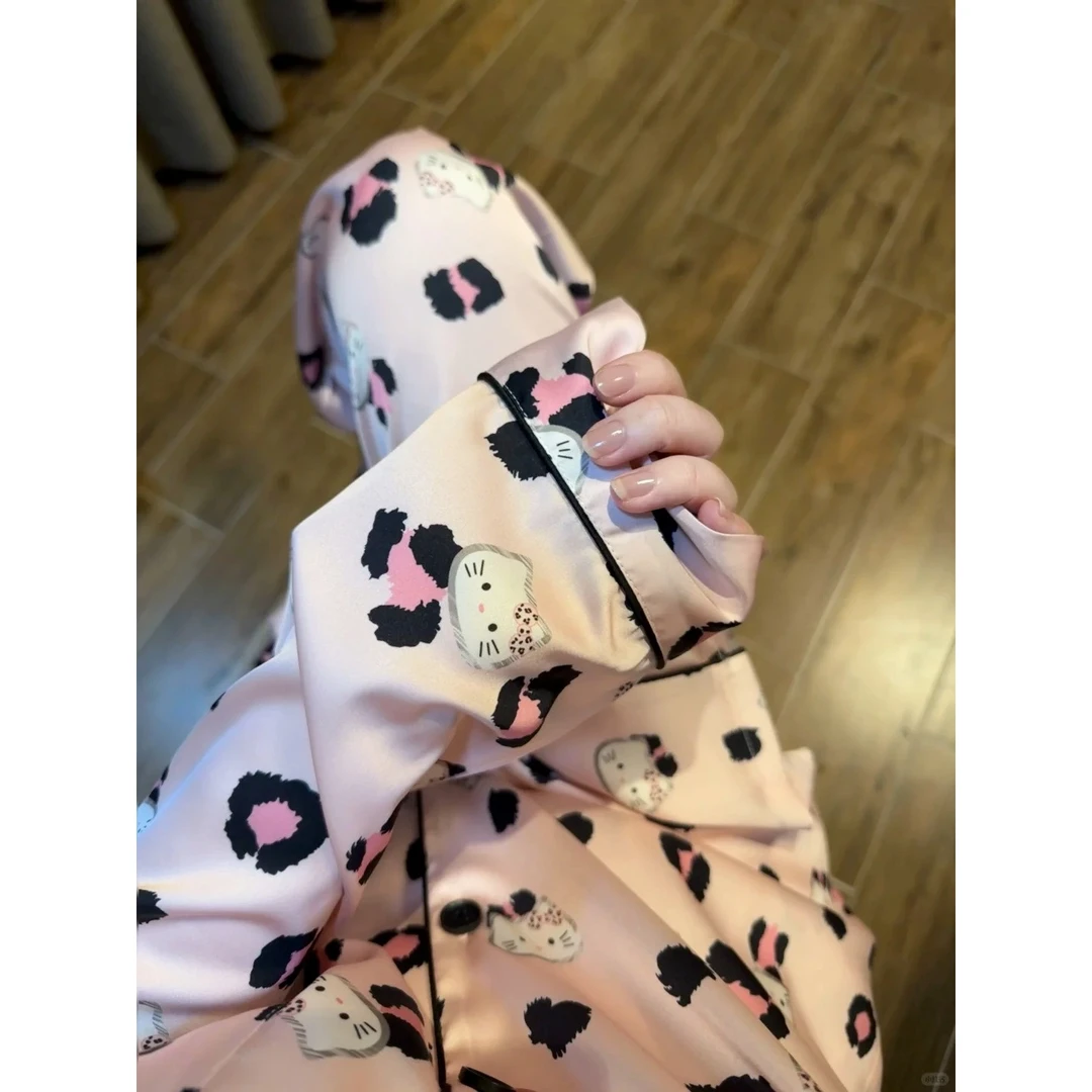 【豹纹Kitty】少女粉缎面冰丝睡衣套装女春秋新款高级气质家居服