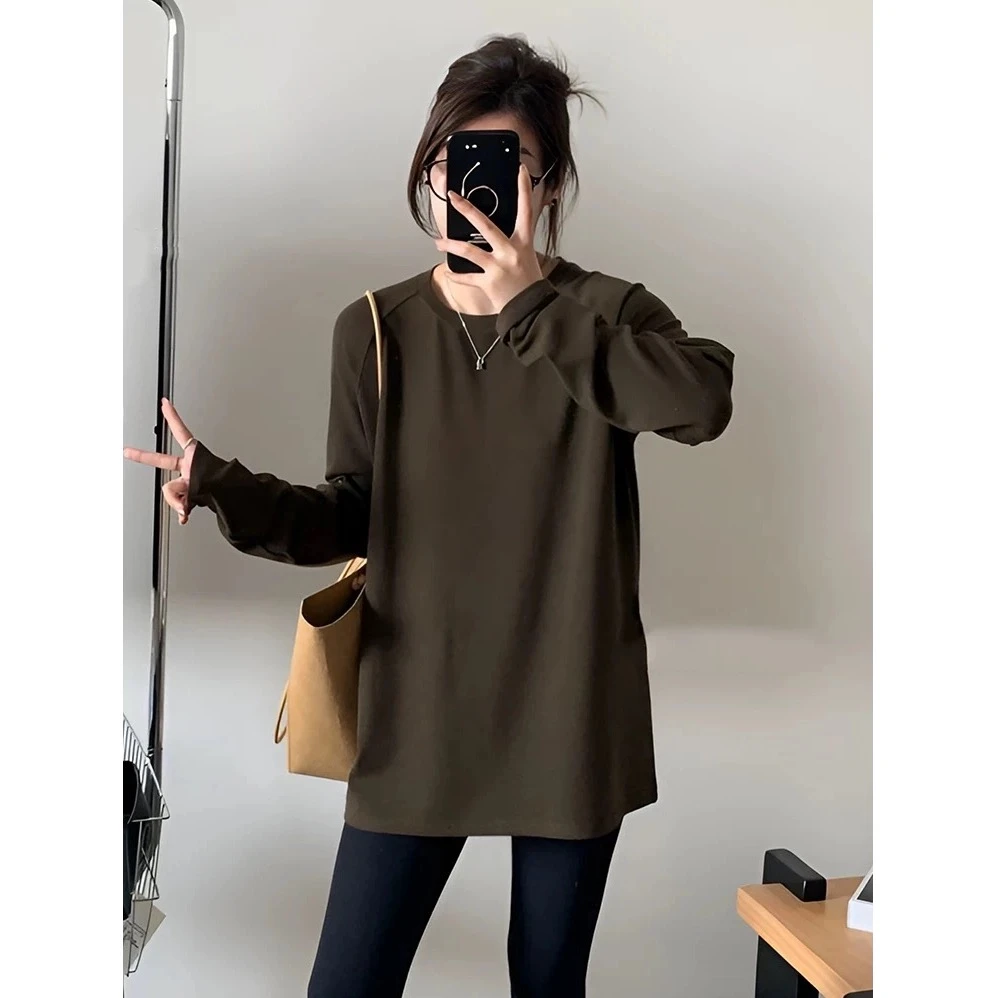 大码200斤欧货chic休闲风中长款遮肚显瘦打底衫秋季加厚长袖t恤女