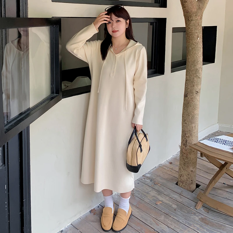 大码女装连帽半开胸针织连衣裙胖mm2024秋冬舒适长裙22678