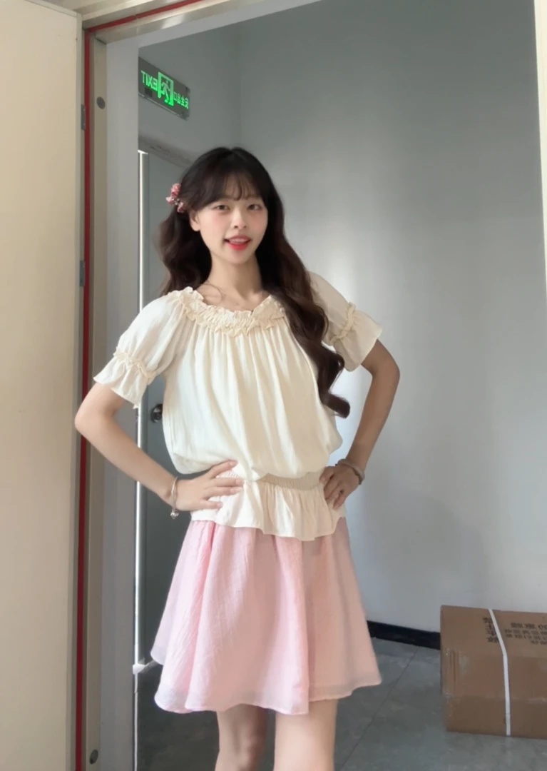 甜圈圈【秘密花园】古着打版杏色花边收腰上衣高腰粉色半身裙套装