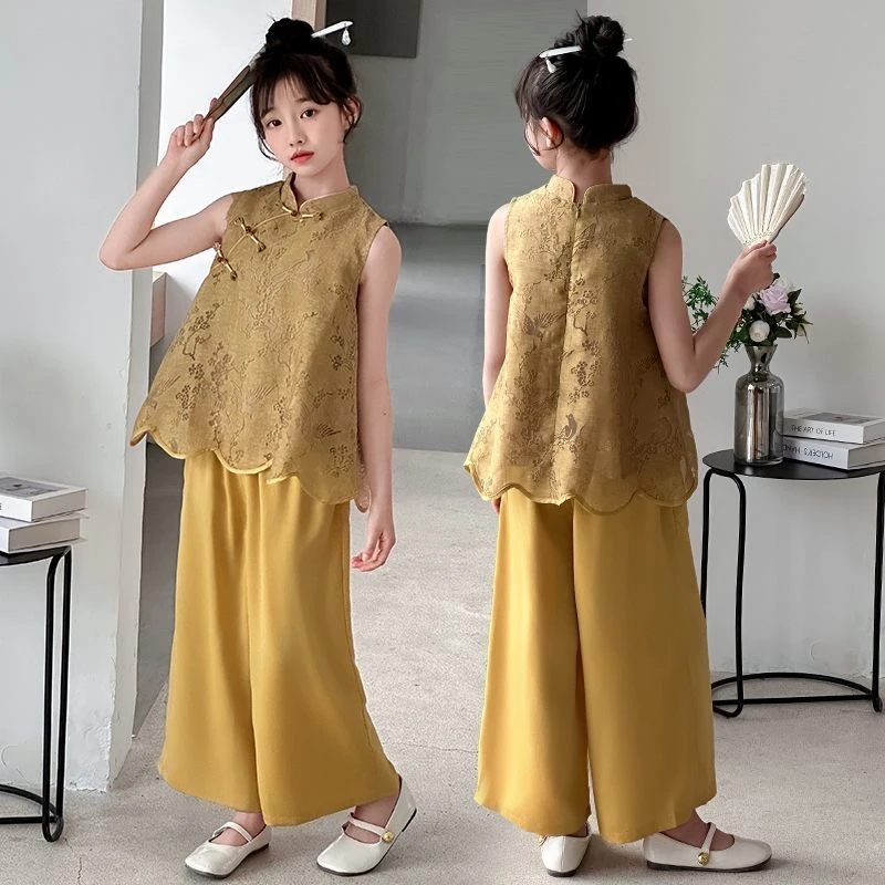 女童套装2025夏季新款新中式高级设计感镂空提花汉服儿童两件套裤