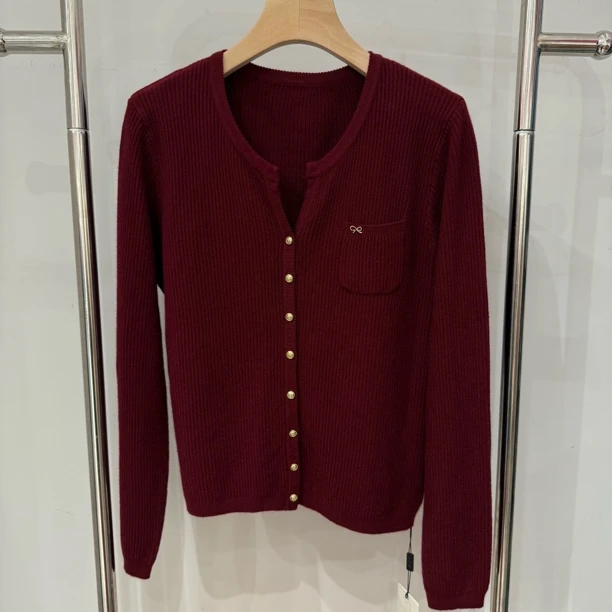 【方圆服饰】红色纯色长袖毛针织衫纯色刺绣针织衫气质时尚短款