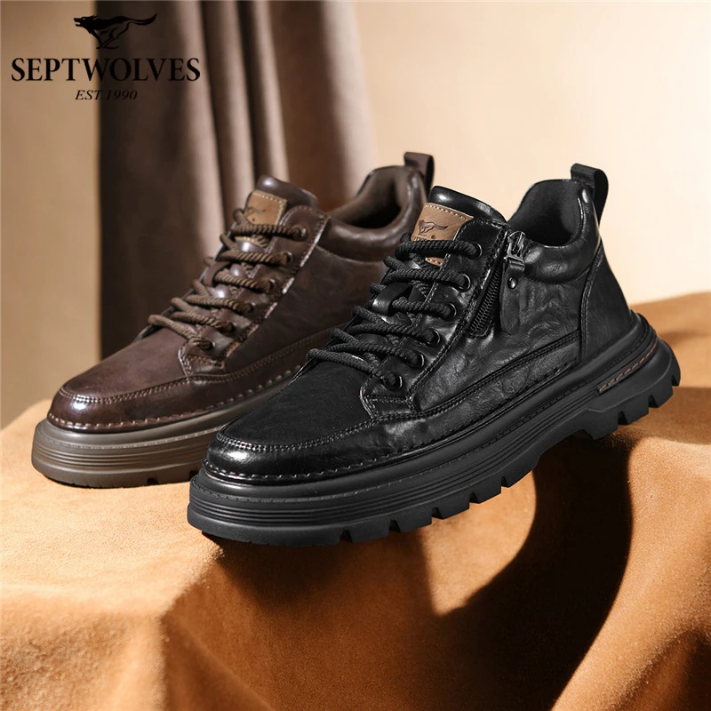 七匹狼男鞋秋冬季复古时尚百搭休闲皮鞋男士黑色中帮防水马丁靴